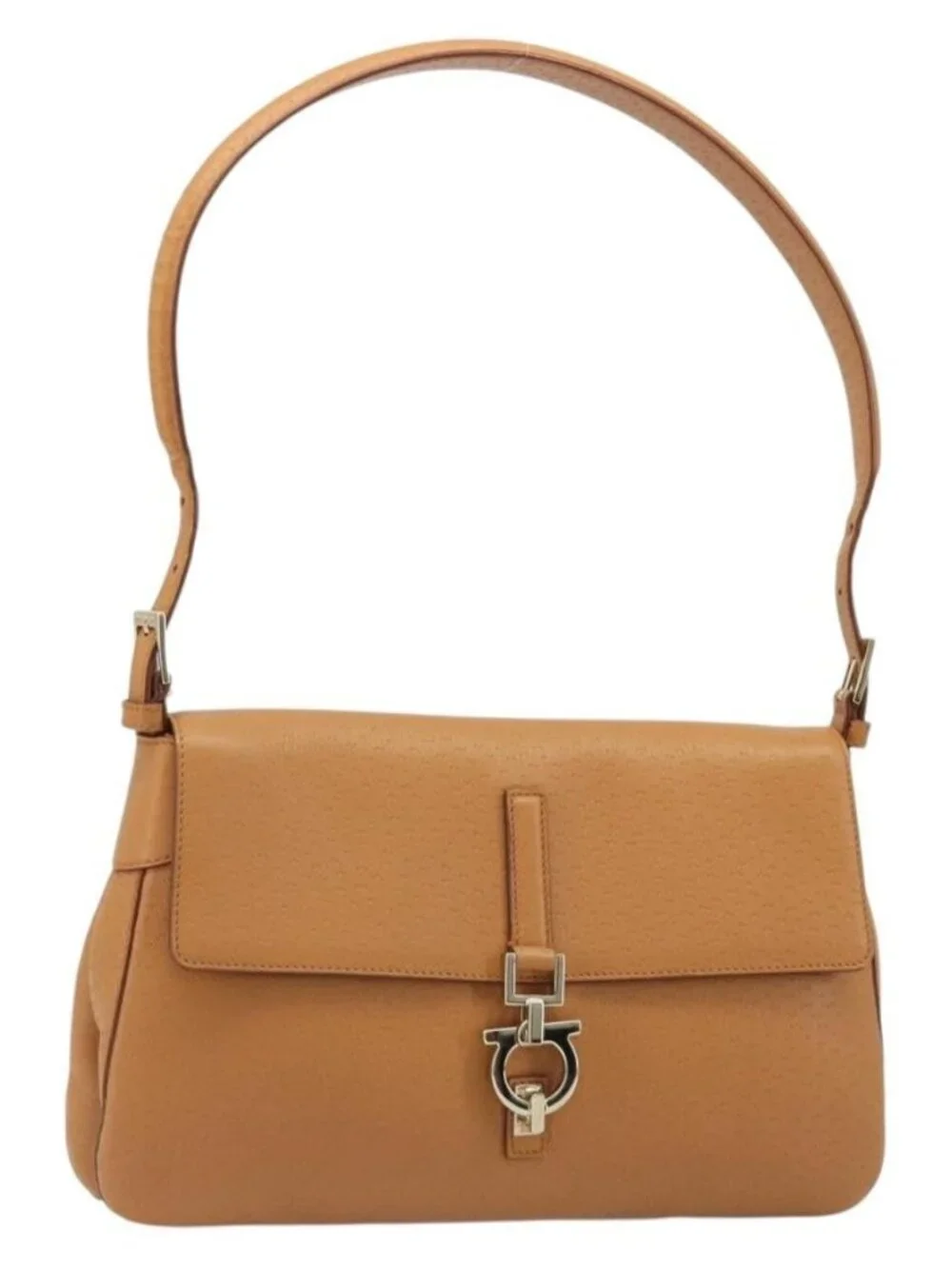 Salvatore Ferragamo Gancini Shoulder Bag Leather Brown Gold Auth 186271A